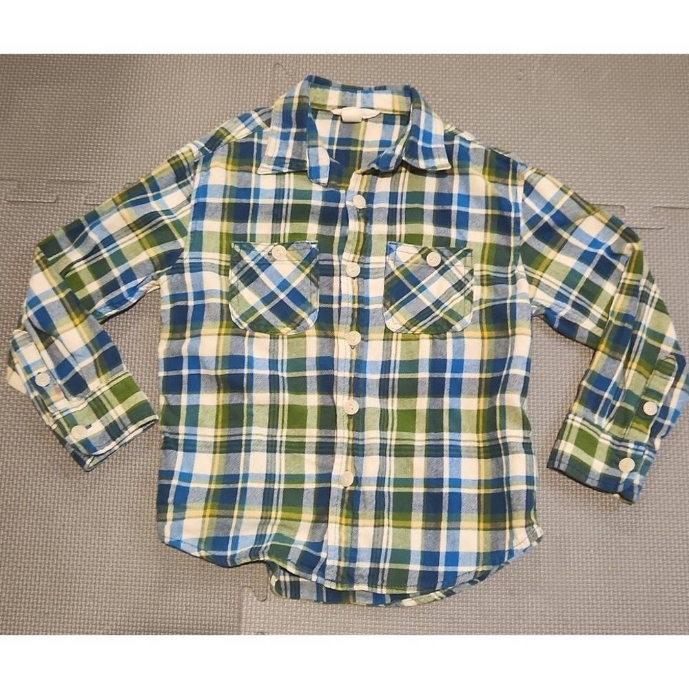 Land's End Kids Green Blue Plaid Flannel Button Down Boys Medium 5-6 Gorpcore